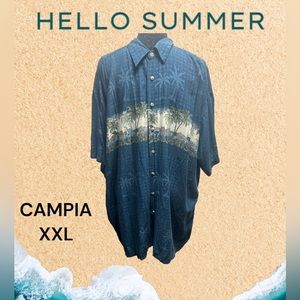 CAMPIA, Size XXL, Blue Tropical Palm Trees, Short Sleeve Button Down. L23